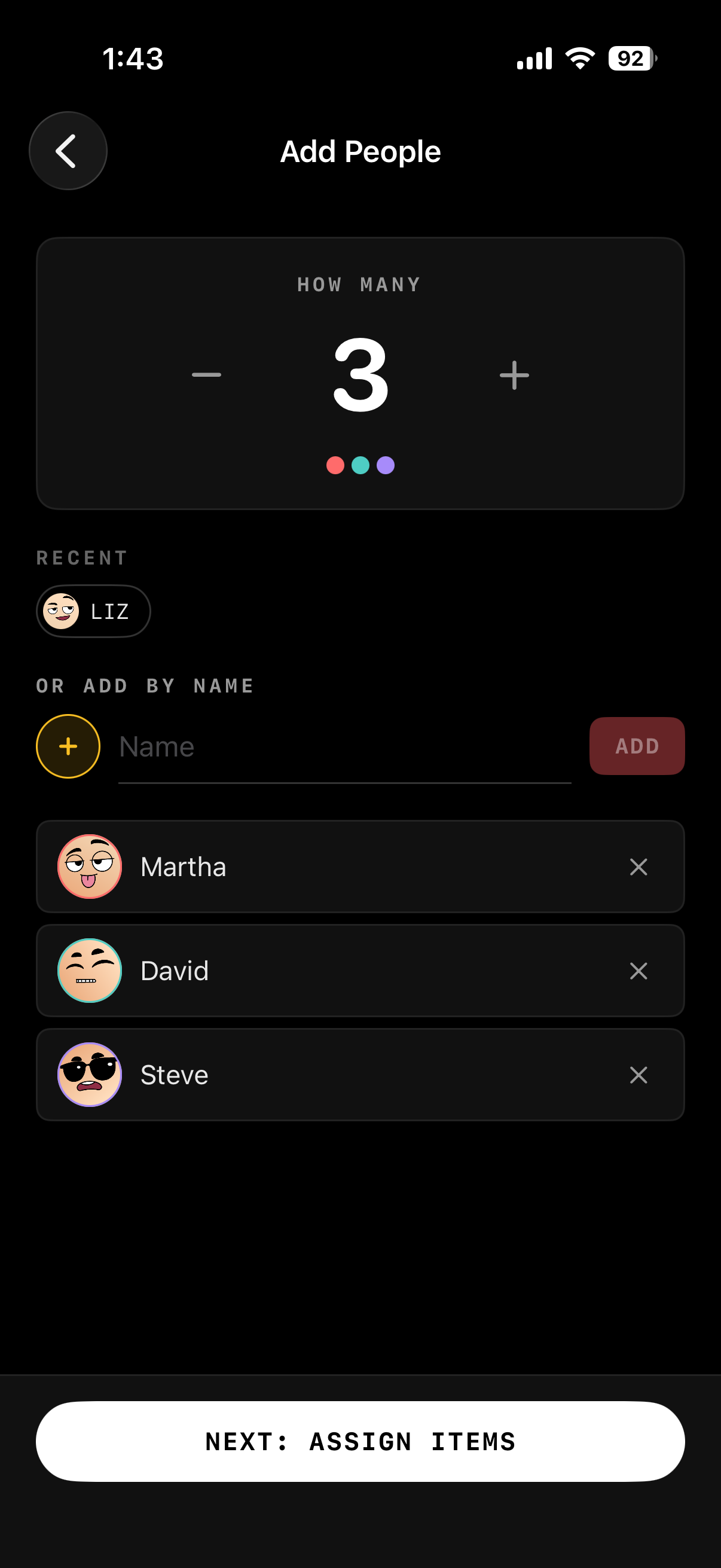 Forks app Add People screen with emoji avatars for each diner