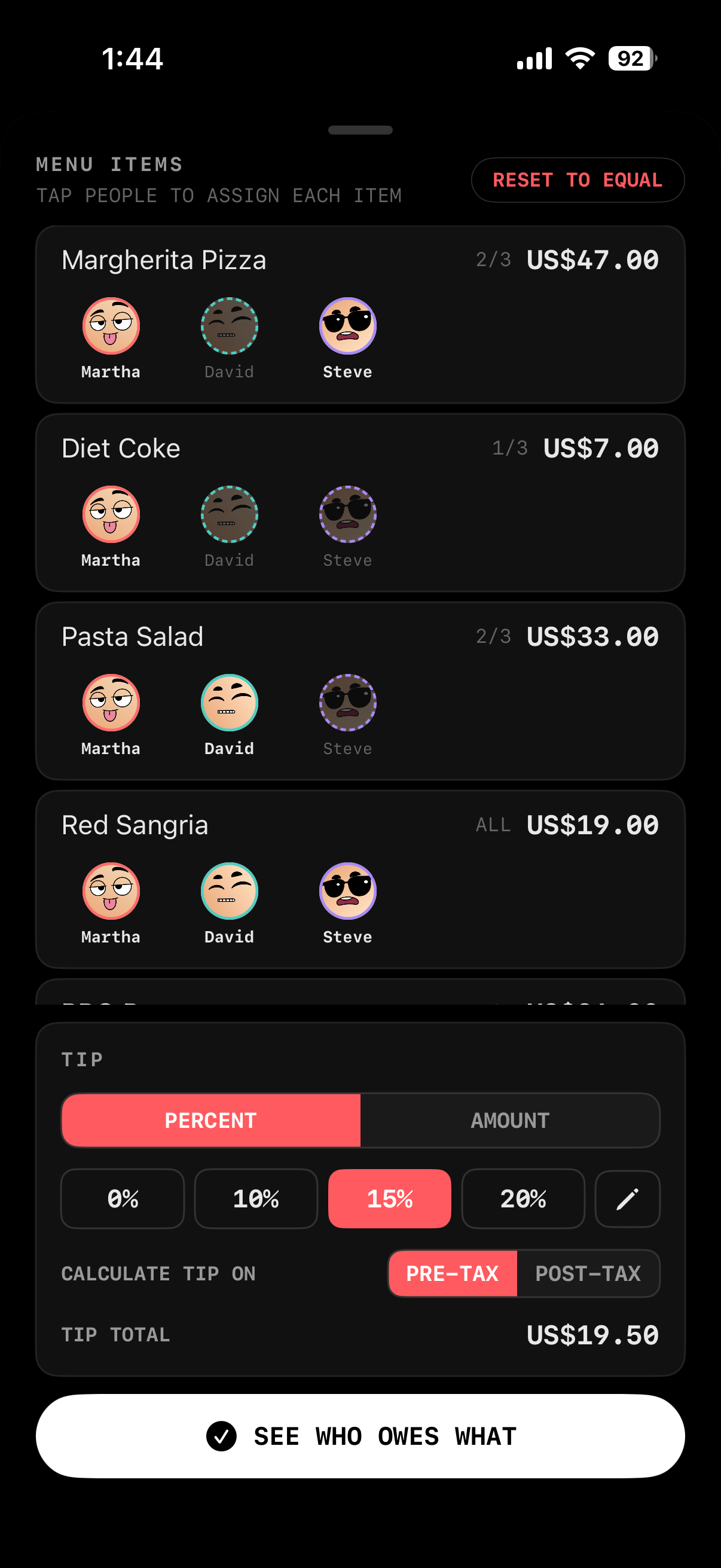 Forks app item assignment screen showing colorful seat avatars assigned to menu items